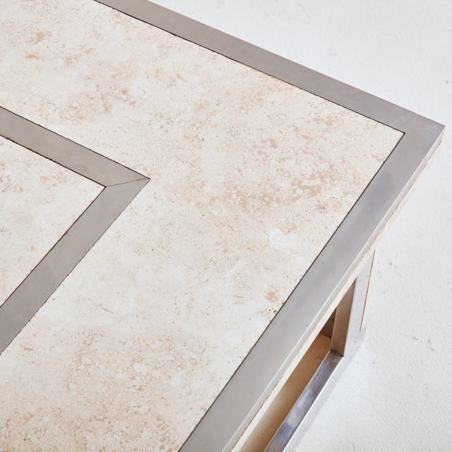 Chrome + Travertine Square Coffee Table, France 1970s For Sale In Chicago - Image 6 of 11