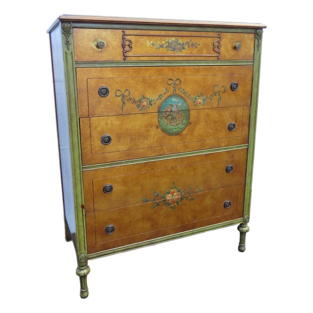 French Early 1900s Carved Hand Painted Cameo Tall Chest of Drawers 6561 For Sale