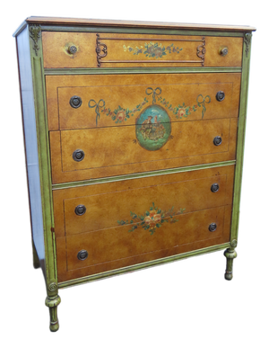French Early 1900s Carved Hand Painted Cameo Tall Chest of Drawers 6561
