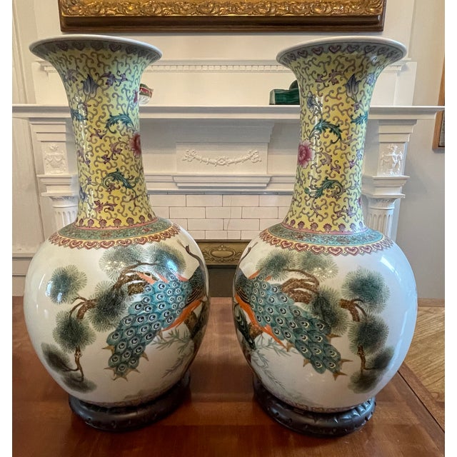 1970s Pair of Large 23” Chinese Jingdezhen Famille Rose Porcelain Peacock Vases on Wood Stands For Sale - Image 5 of 14