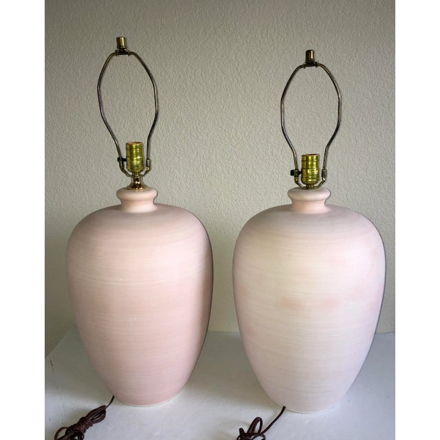 Sculpture Materials O'Keefe Style 1980's Calla Lily Hand Glazed Blush Pink Plaster Sculpted Table Lamps - A Pair For Sale - Image 7 of 9