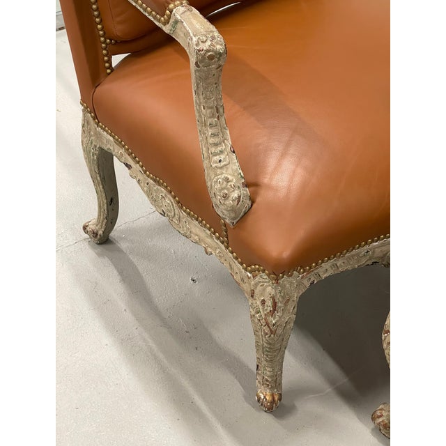 19th Century Pair of Louis XV Bergere Chairs Upholstered in Beige Leather For Sale - Image 12 of 18
