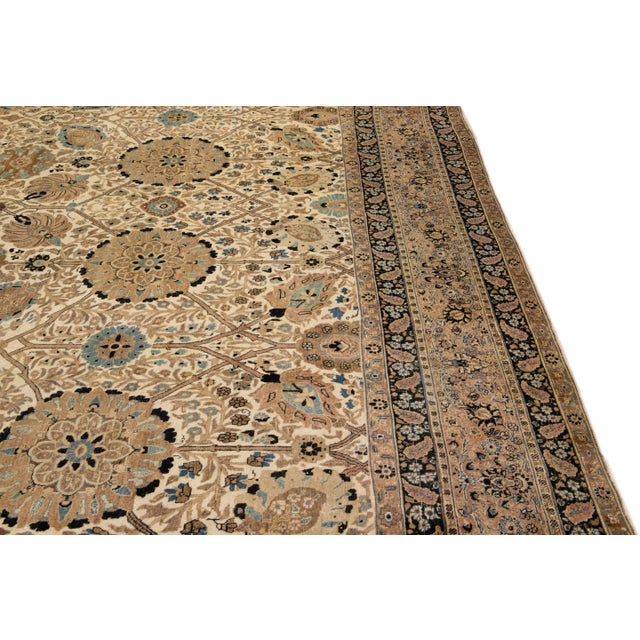 Antique Persian Tabriz Handmade Allover Motif Beige Oversize Wool Rug For Sale In New York - Image 6 of 11