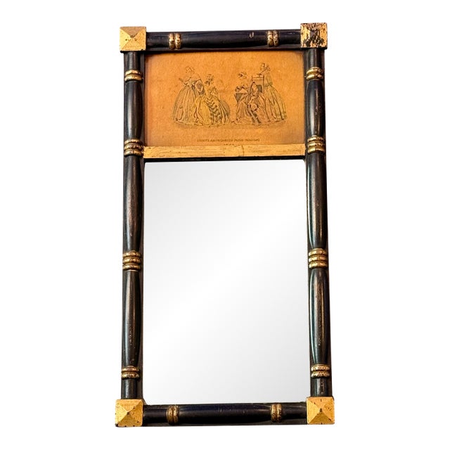 Antique Victorian Mirror Godey Fashion Print 1847-Black Gold Frame-Wall-Eastlake For Sale