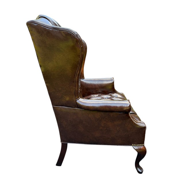 Mid 20th Century Queen Anne Style Tufted Leather Look Wingback Chair For Sale - Image 4 of 9