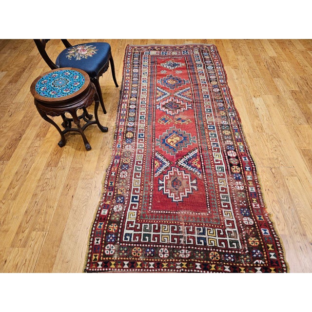 Textile 19th Century Caucasian Kazak Rug, Hand-Knotted Wool, Geometric Medallions, 4' x 9' For Sale - Image 7 of 17