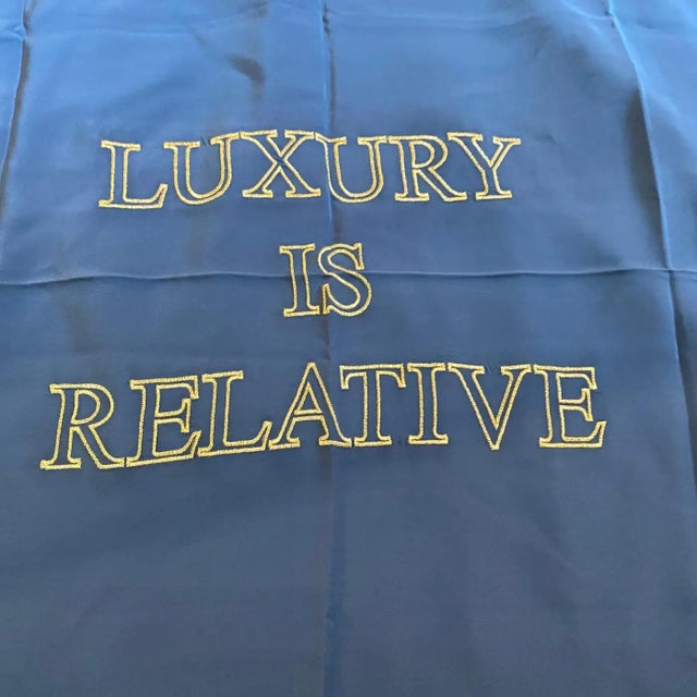 1980s Vintage Luxury Is Relative Blue and Gold Silk Italian Foulard by Moschino For Sale - Image 6 of 9