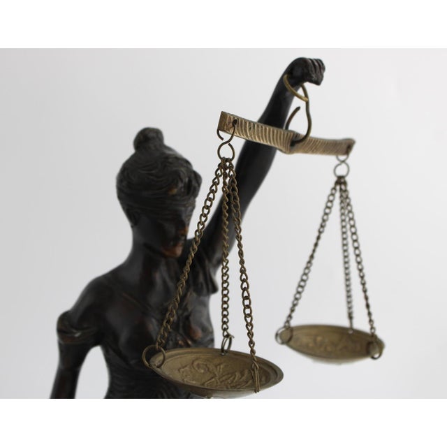 Late 20th Century Bronze Lady Justice Statue With Blindfold and Scales, Heavy, 15.25" Tall, Law Office Decor For Sale - Image 4 of 9