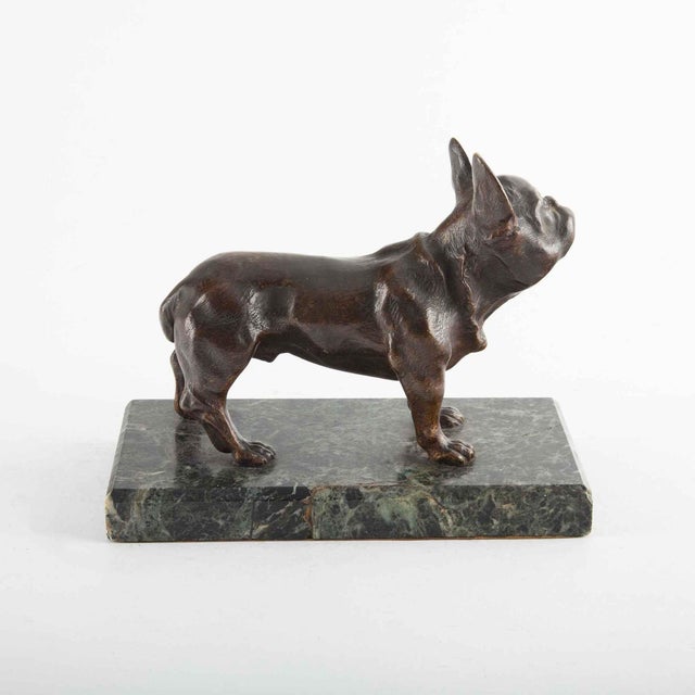 A charming bronze sculpture depicting a French Bulldog, modeled with alert ears, expressive features, and a compact...