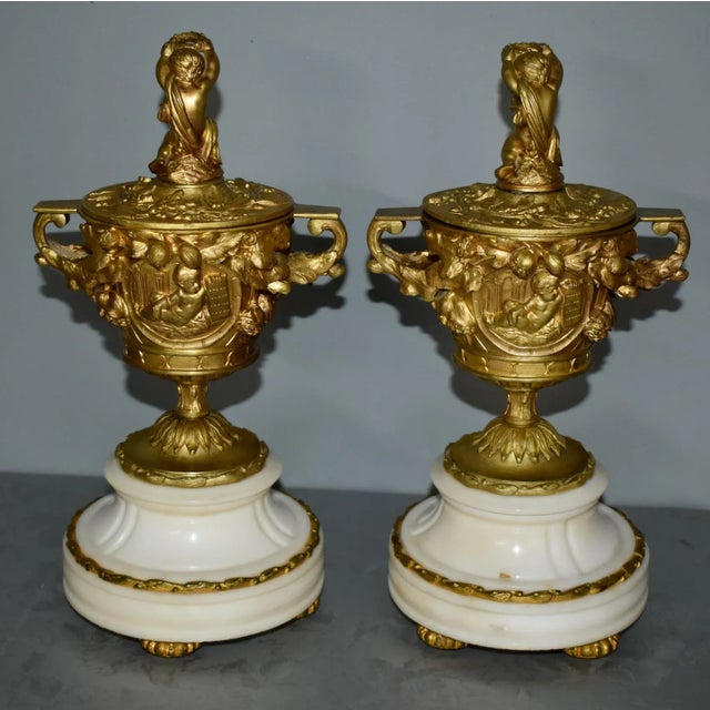 Antique French Cassolette Urns 1880s Gilt Bronze Cherub Marble Vases Lids Pair For Sale - Image 10 of 12