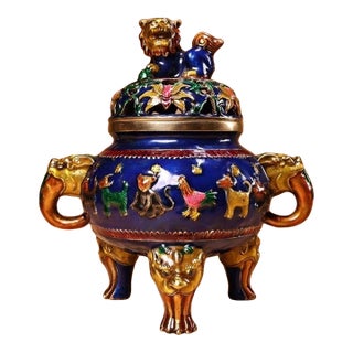 Vintage Cloisonné Enamel Bronze Incense Burner Censer Foo Dog 6.9" For Sale