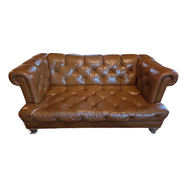 Rare Iconic Vintage Cocheo Brothers Chesterfield Tufted Leather Loveseat Sofa For Sale