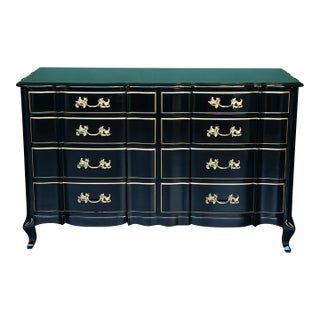 Vintage High Gloss Black Lacquered French Provincial Dresser of Nine Drawers For Sale