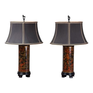 Frederick Cooper Chinoiserie Lacquer Table Lamps With Foo Dog Finials - a Pair For Sale
