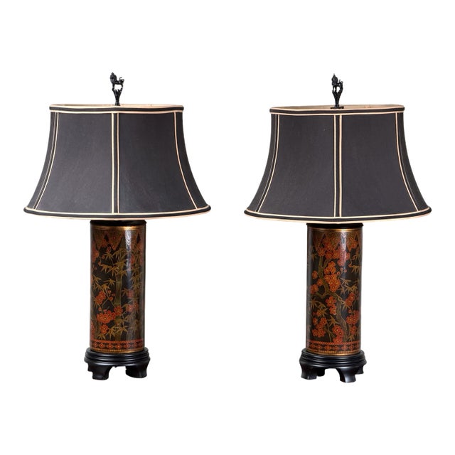 Frederick Cooper Chinoiserie Lacquer Table Lamps With Foo Dog Finials - a Pair For Sale