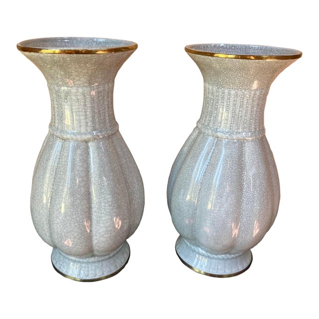 Extra Large Maitland-Smith Cracke Vases Eggshell Blue With Gold Trim For Sale