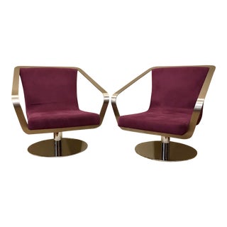 Late 20th Century Brushed Stainless Steel and Chrome Swivel Club Chairs- A Pair For Sale