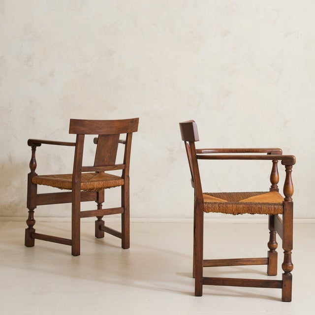 French Rush + Oak Armchair in the Manner of Charles Dudouyt, 1940s - 2 Available For Sale - Image 4 of 11