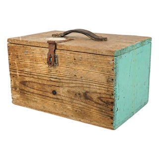 Antique Wooden Tool Chest With Leather Handle and Turquoise Paint For Sale