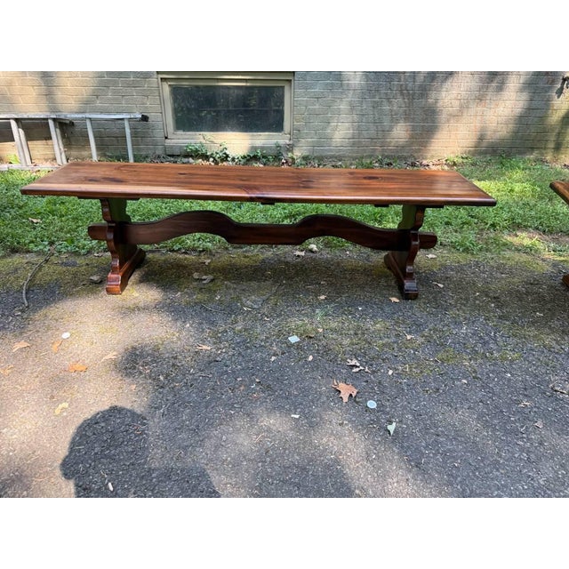 Late 20th Century Late 20th Century Pair of Vintage Rustic Style Trestle Base Benches For Sale - Image 5 of 17