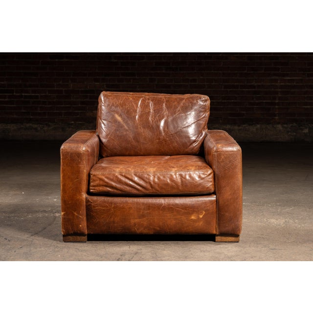 Industrial Full Grain Leather Leather Club Chair and Ottoman in Brown by Rh For Sale - Image 3 of 14
