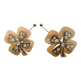 Antique Edwardian Mother-of-Pearl Clover Hatpins With Cut Glass & Original Acorn Caps — Pair, C. 1895-1915 For Sale