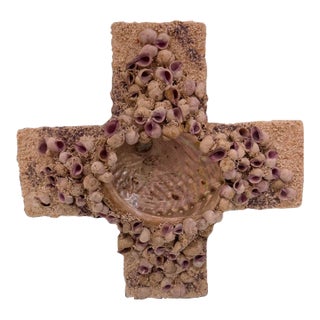 1970s Designer Seashell Cross Embellished With Natural Seashells on Stone Base For Sale