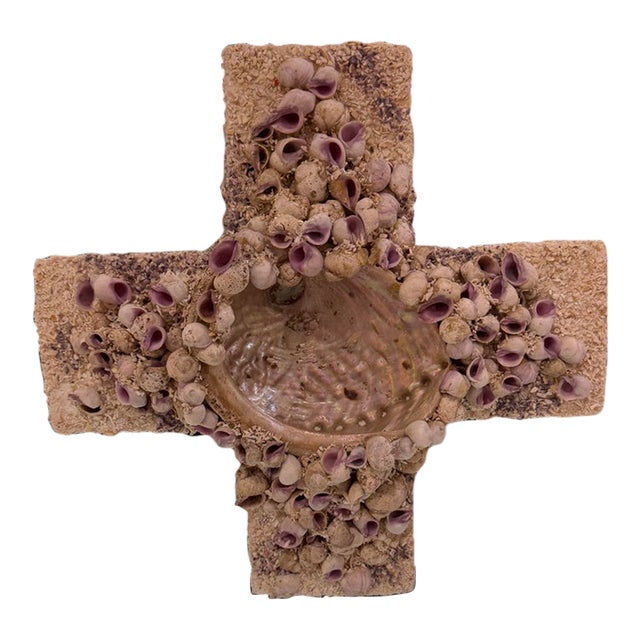 1970s Designer Seashell Cross Embellished With Natural Seashells on Stone Base For Sale