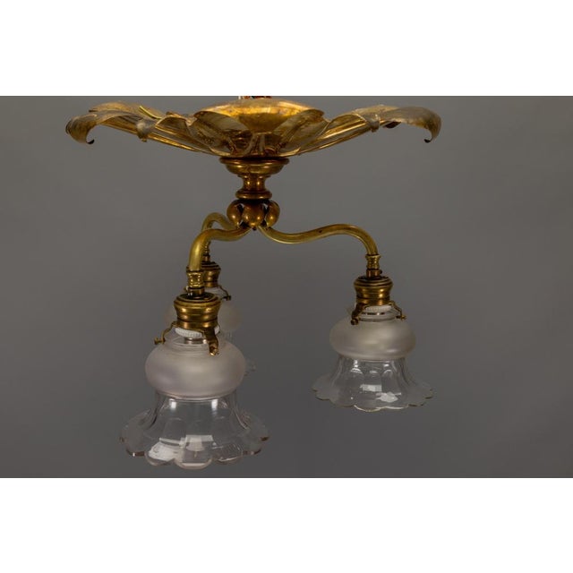 French Art Nouveau Brass and Glass Three-Light Flush Mount Ceiling Light, 1920 For Sale - Image 11 of 18