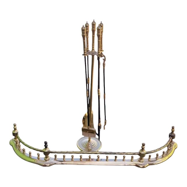 Vintage Brass Black Traditional Fireplace Guard With 5 Piece Poker Accessories- a Set 6 For Sale