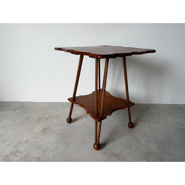 Antique Arts & Crafts Style Two-Tier Oak Accent Table With Scalloped Top Barley Twist Legs and Ball Feet For Sale - Image 9 of 12