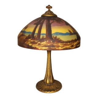 Antique Reverse Painted Desk Lamp With Original Shade For Sale