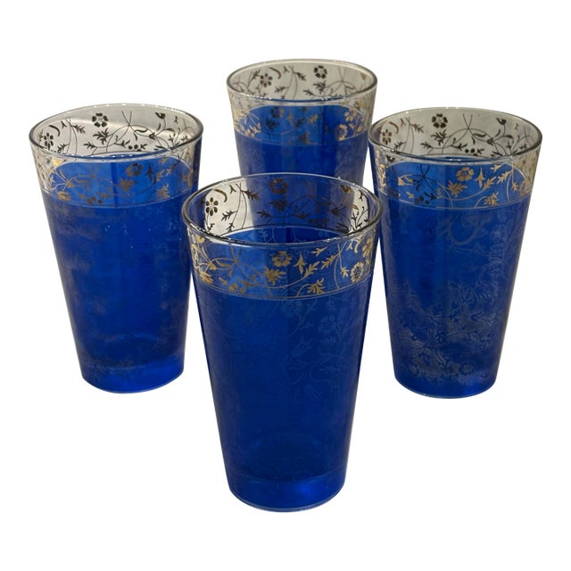 Italian Barware. Cobalt/Gold Filigree. Mid Century Modern Tumblers. Textured Cobalt Glass. Cerve. Italy. Set of 4. Bormioli Founded 1953 For Sale