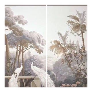 36" * H96" * 2ps, Hand-Painted French Retro Tropical Garden White Peacock Wall Mural, Low-Saturation Misty Scenic Wall Covering For Sale