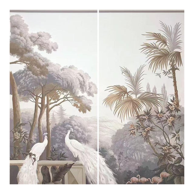36" * H96" * 2ps, Hand-Painted French Retro Tropical Garden White Peacock Wall Mural, Low-Saturation Misty Scenic Wall Covering For Sale