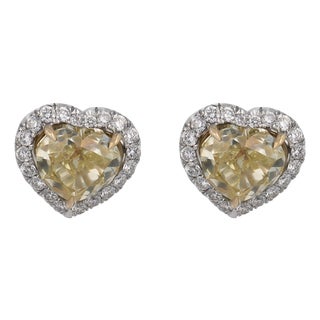 Gia 4.00 Carat Fancy Yellow Heart Shape Diamond 18k White Gold Stud Earrings, A Pair For Sale