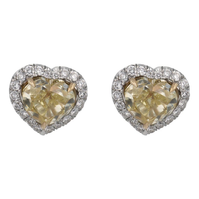 Gia 4.00 Carat Fancy Yellow Heart Shape Diamond 18k White Gold Stud Earrings, A Pair For Sale