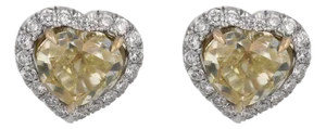 Gia 4.00 Carat Fancy Yellow Heart Shape Diamond 18k White Gold Stud Earrings, A Pair