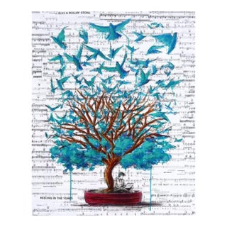 A Faint Call Rises - Original Blue Surrealist Figurative Mixed Media Art on Wood Panel For Sale
