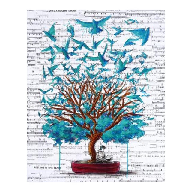 A Faint Call Rises - Original Blue Surrealist Figurative Mixed Media Art on Wood Panel For Sale