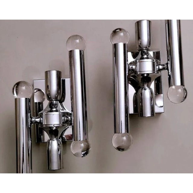 Mid-Century Modern Space Age Sciolari Gaetano Style Italian Wall Sconces in Chrome-Plated Brass - a Pair For Sale - Image 3 of 13