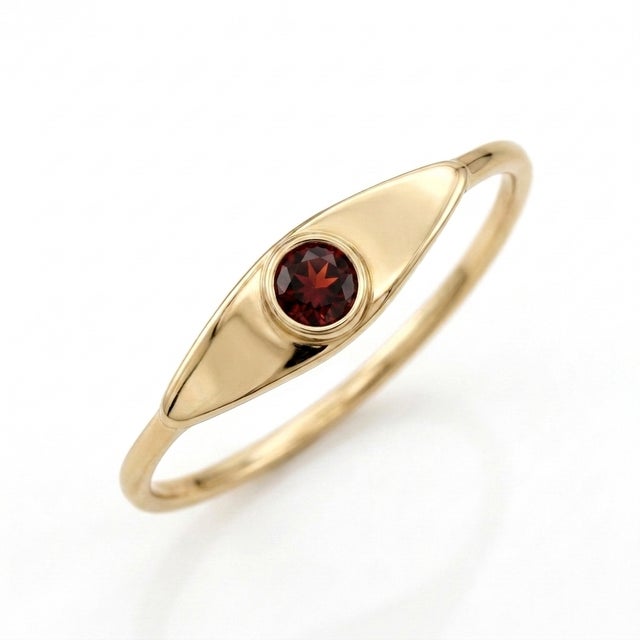 Contemporary Red Garnet Evil Eye Signet Ring | 18k Yellow Gold Plated Band Ring | Classic January Birthstone Jewelry Gift Us 7 For Sale - Image 3 of 3
