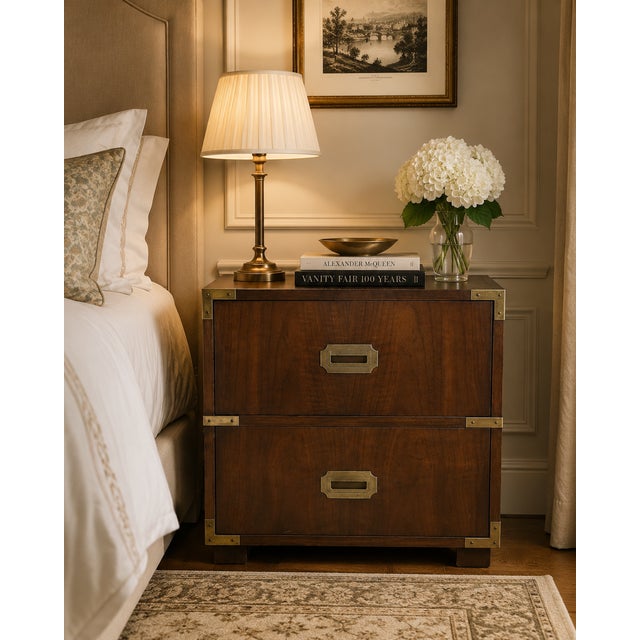 An exceptional vintage nightstand by Baker Furniture, crafted in the iconic Campaign style with a touch of Hollywood...
