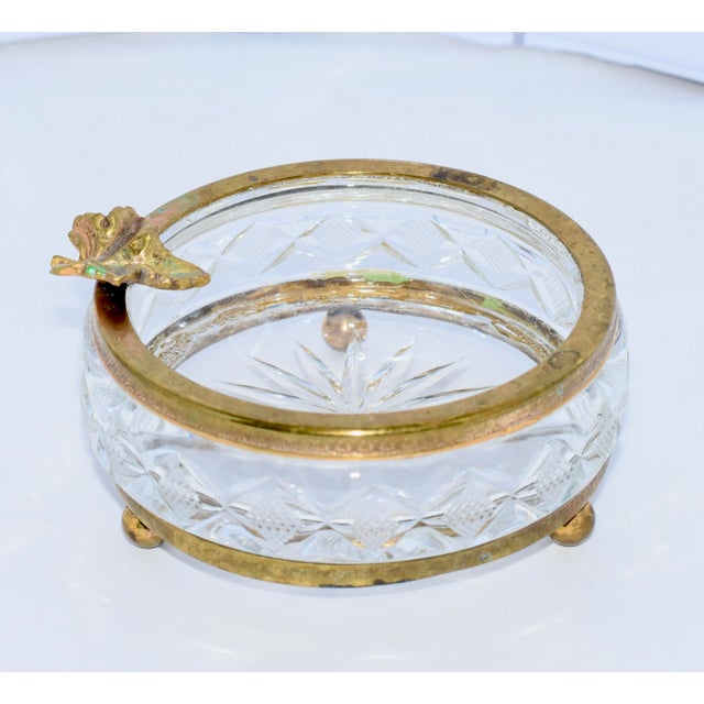 1920s European Brass Leaf & Diamond Cut Crystal Ormolu Footed Ashtray Vintage Ormolu style ashtray. Beautiful design,...