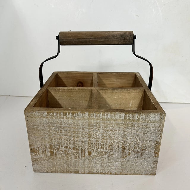 Whitewashed Pine wood divided utensils caddy with black iron handle. Styles included but not limited to Farmhouse, French...
