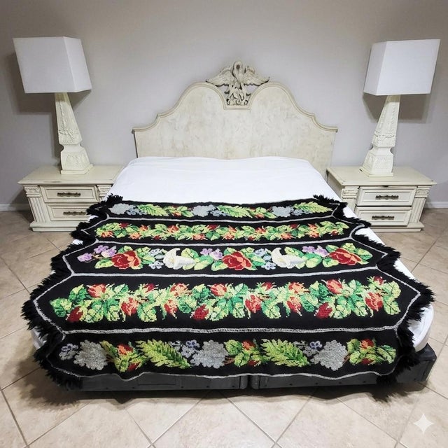 Mid-Century Modern Mid-Century Hand-Embroidered Floral Cross-Stitch Afghan Throw Blanket - 66" X 56" For Sale - Image 3 of 10
