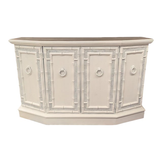 Vintage Coastal Faux Bamboo Credenza With Driftwood Style Top For Sale
