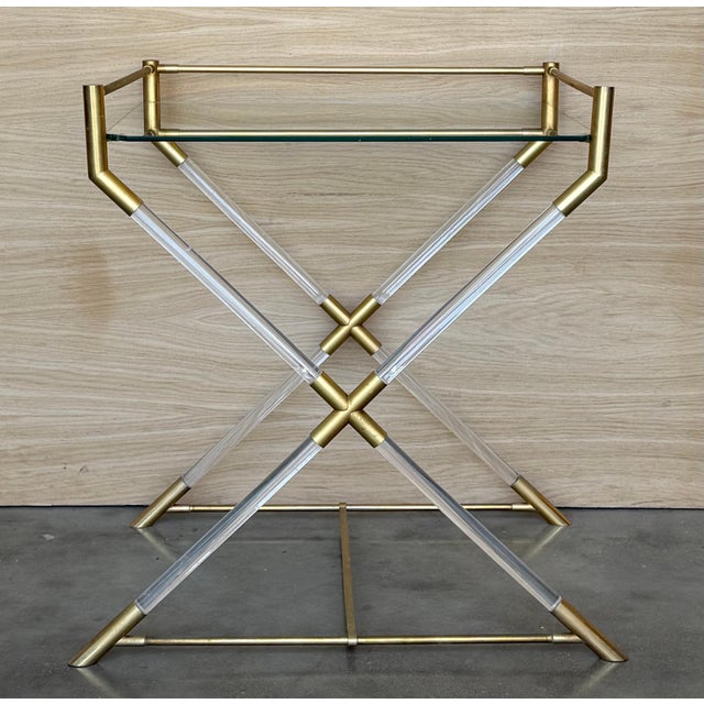 Mid Century Modern Serving or Side Table in Brass and Lucite with X Form For Sale - Image 9 of 18