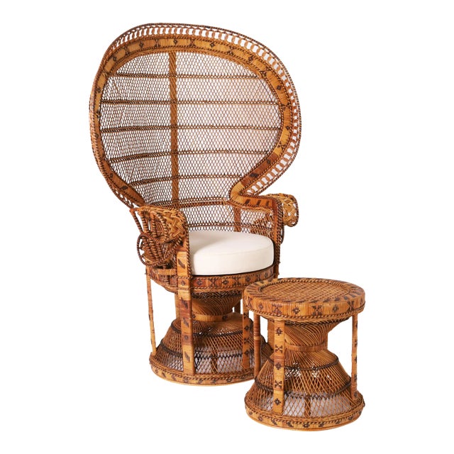 Anglo Indian Wicker Peacock Chair and Ottoman | Chairish