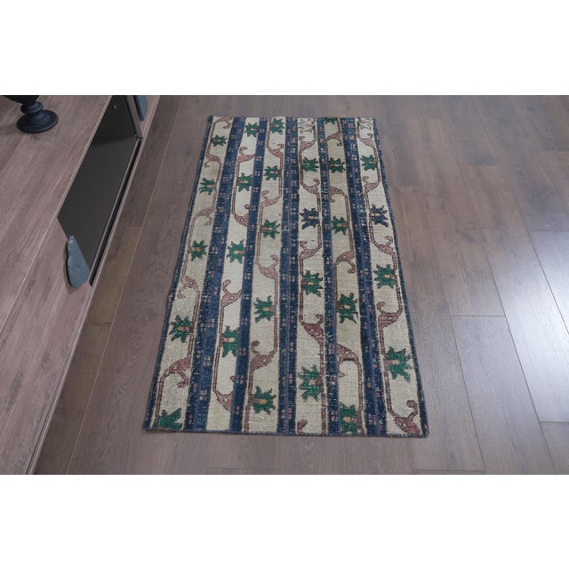 Textile 1970s Vintage Turkish Runner Rug - Navy Blue Vertical Striped & Cream Hallway Rug - Handwoven Anatolian Low-Pile Accent Carpet For Sale - Image 7 of 9